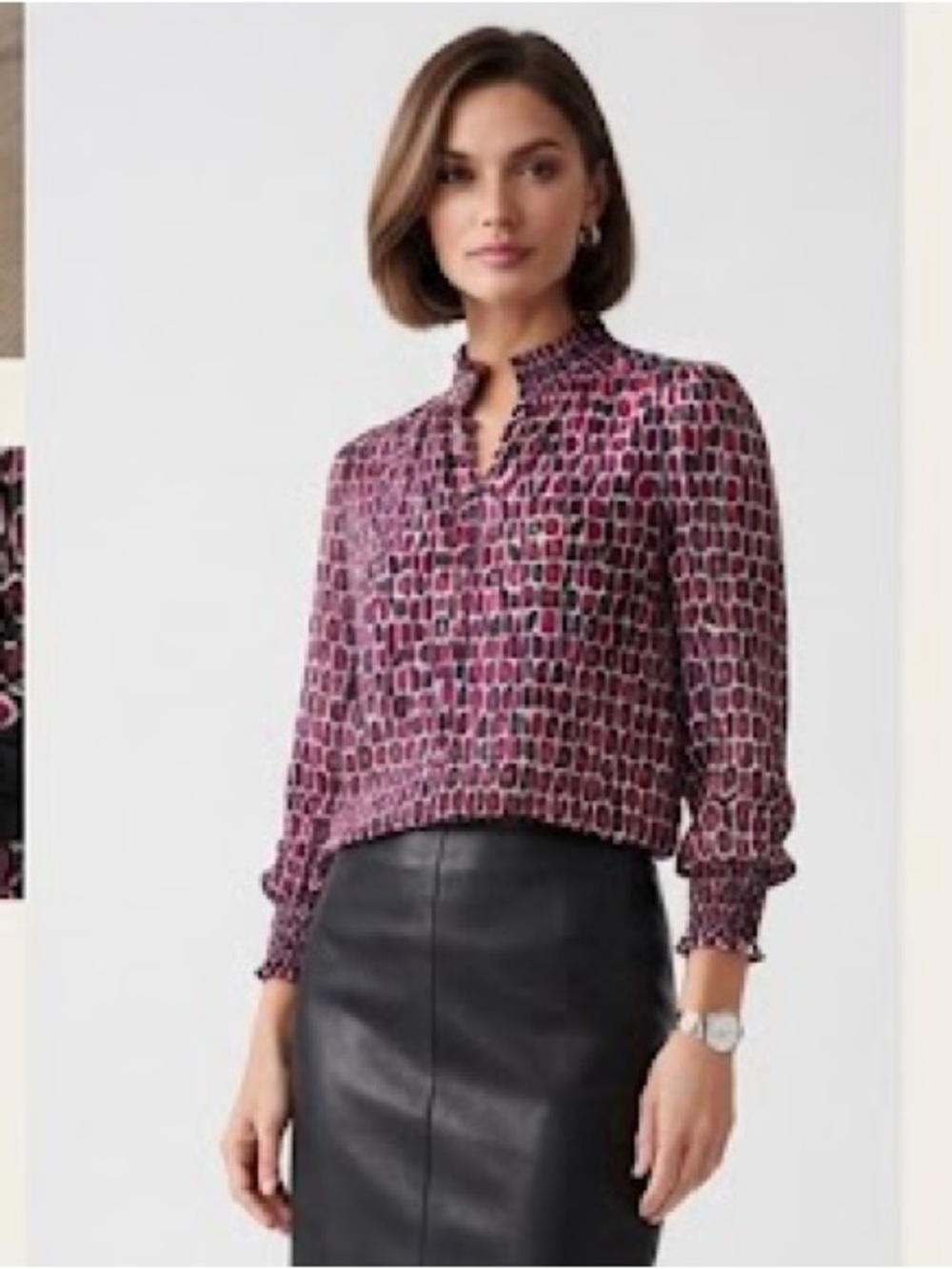 Haver Pink Multi Geometric Smocked-Neck Blouse